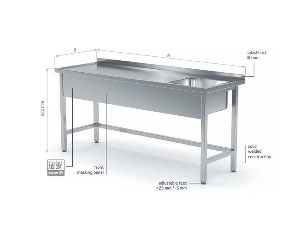 Rustfrit stål-inventar, Polgast forstærket stålbord med vask - uden underhylde