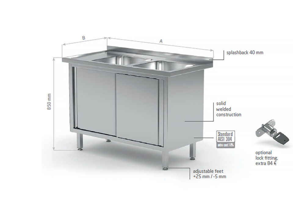 Rustfrit stål-inventar, Polgast stålbord med to vaske og skydelåger
