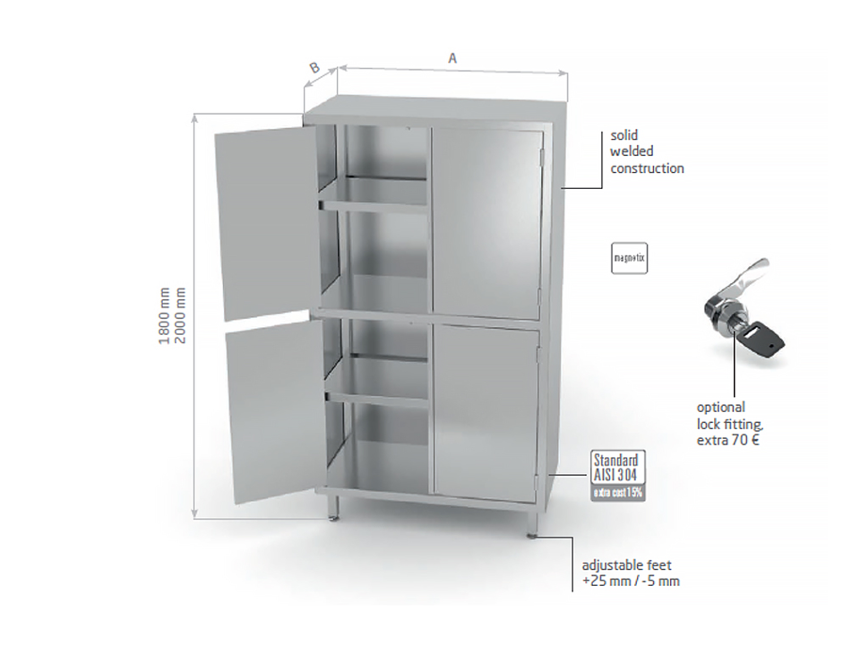 Rustfrit stål-inventar, Polgast stålskab med hængslede døre