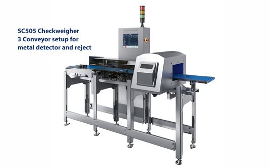 Scanvaegt SC505 Checkweigher with 3 conveyors for metal detector and reject
